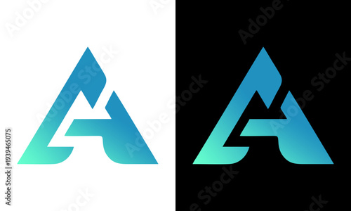 Geometric letter A logo design with gradient blue color on white and black backgrounds from a front view