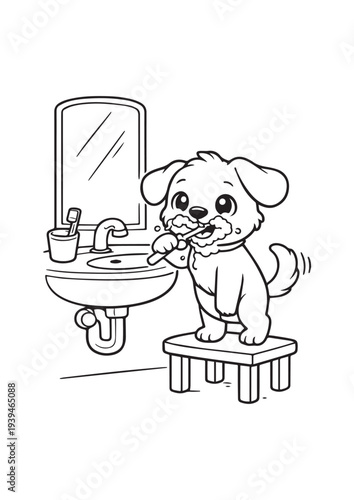 Cute Puppy Brushing Teeth in Bathroom – Kids Coloring Page Line Art