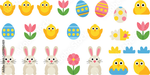 Easter icon collection. Includes Easter eggs, bunnies, chicks, flowers. Created in colorful flat style with pastel palette.