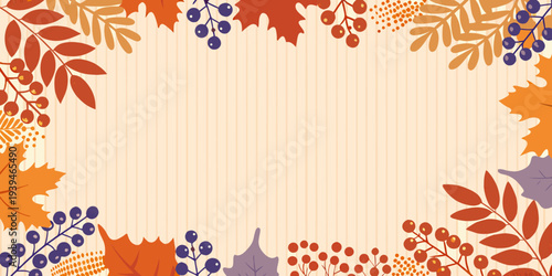 Autumnal foliage and berries create a decorative border on beige