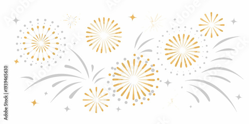 Celebratory fireworks display with golden and silver bursts on white