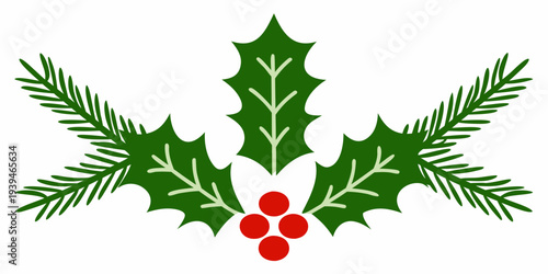 A vibrant green holly sprig with bright red berries illustration