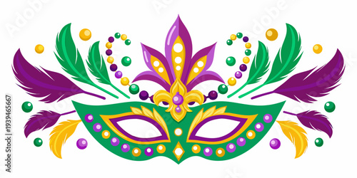 Colorful mardi gras mask decorated with feathers and golden beads