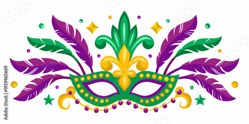 Colorful mardi gras mask with feathers beads and celebratory confetti
