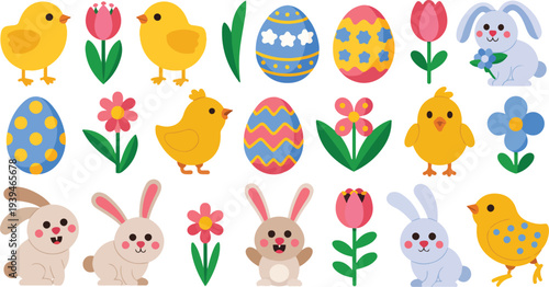 Easter icon collection. Includes Easter eggs, chicks, bunnies, flowers. Created in flat style with colorful palette.
