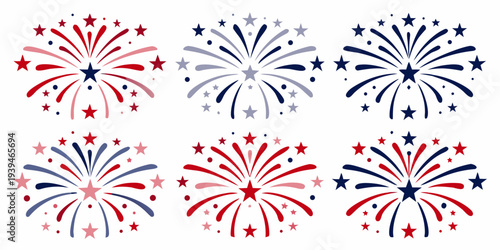 Colorful patriotic fireworks displays arranged in a grid pattern