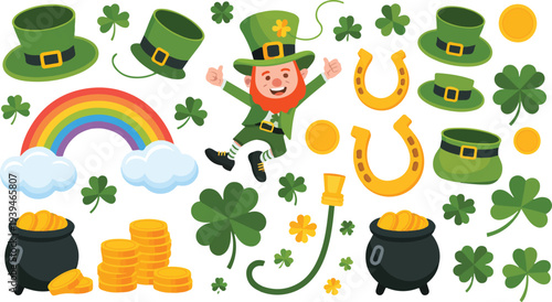 St. Patrick's Day icon collection. Includes leprechaun, rainbow, shamrock, pot of gold, horseshoe, hat. Created in colorful style with green palette