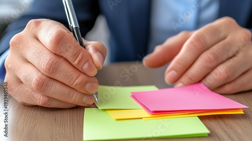 Close-Up of a Businessman Writing on Colorful Sticky Notes in Office Environment