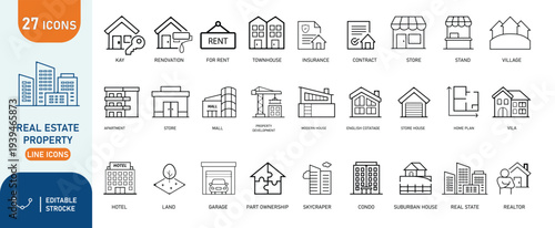 Real estate properties icon set urban architecture buildings skyscrapers editable vector illustrations