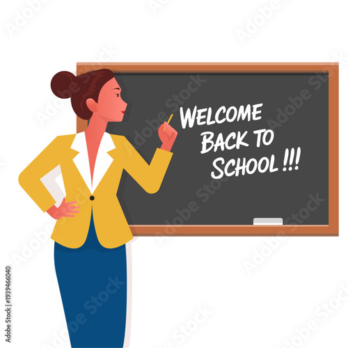 Vector illustration of a woman in yellow blazer writing "Welcome Back to School" on a blackboard, minimalist style