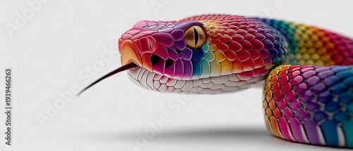 Close-up of a colorful snake showing vibrant scales and a neutral background