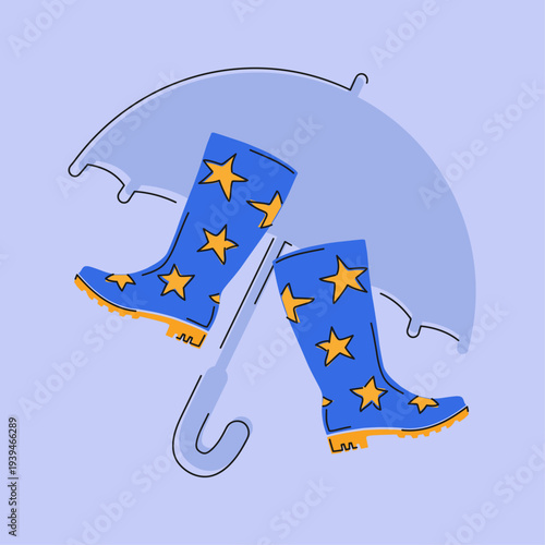 Autumn rubber boots vector. Blue wellington boots with yellow stars. Rain footwear. 