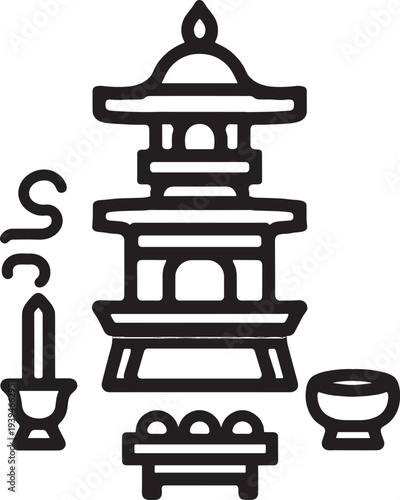 Black Line Traditional Asian Pagoda Incense Zen Spiritual Vector Illustration Design