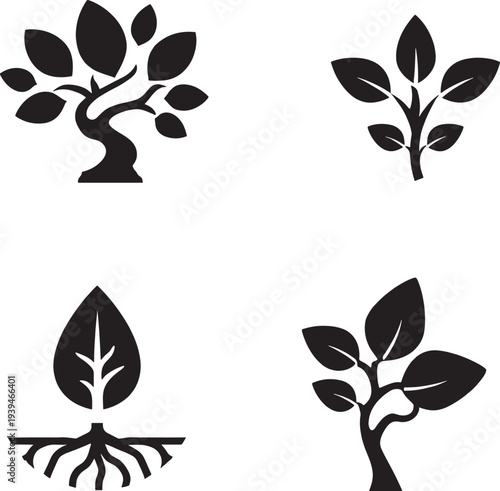 Black Silhouettes Different Tree Shapes Roots Zen Spiritual Vector Illustration Design