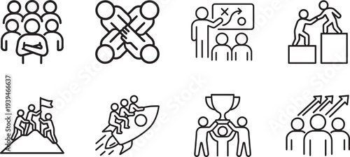 Team success icon set in thin line style for business growth, collaboration, achievement and goals
