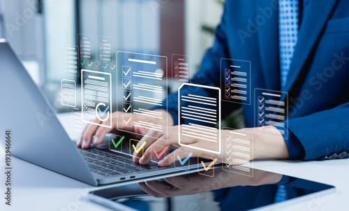 Photos Procurement manager organizing workflow documentation including contracts, purchase orders, bids and compliance records to track costs and improve efficiency in B2B purchase management