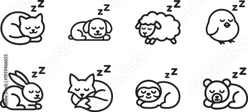 Sleeping animals cute vector icon set with adorable resting pets and wildlife in simple outline style