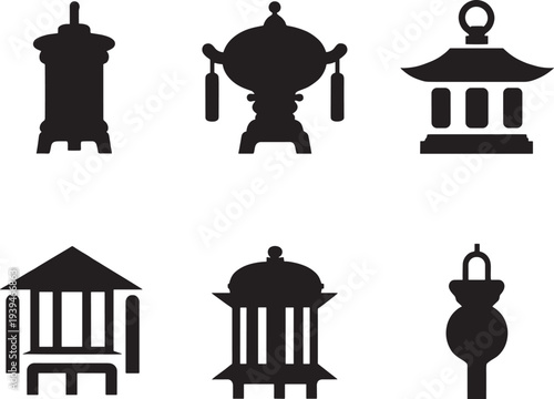 Collection Black Silhouettes Traditional Japanese Lanterns Zen Spiritual Vector Illustration Design