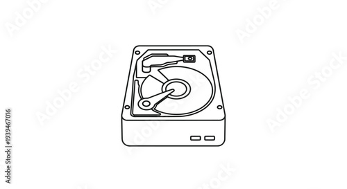 Line drawing of an open hard disk drive with internal components exposed in a minimalist flat vector style isolated on white background