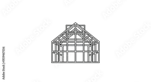 Detailed line drawing of a house frame with roof trusses and windows, showcasing construction architecture in a isolated on white background