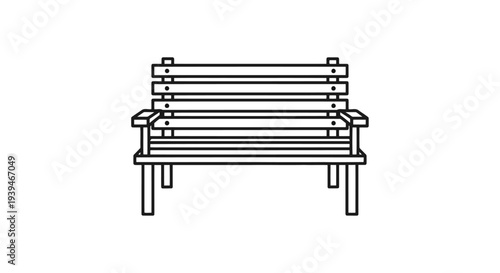 A minimalist flat illustration of a wooden park bench with armrests on a isolated on white background