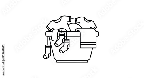 A line drawing of a laundry basket filled with clothes and socks in a flat vector style isolated on white background