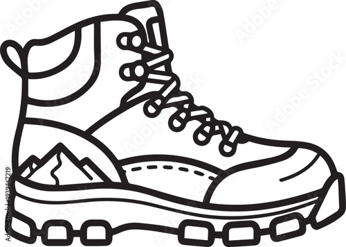 Hiking boot illustration in black and white outlines, depicting durable footwear for outdoor adventures with a stylized mountain design on the side.