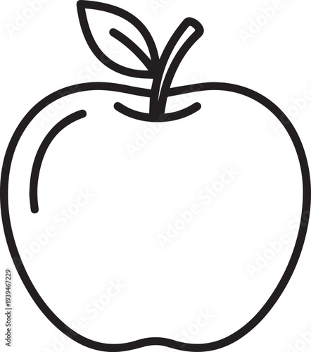Simple black and white outline drawing of a single fresh apple with a leaf and stem is isolated on a white background.