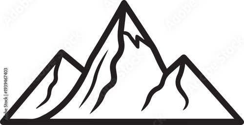 A simple black and white line art graphic depicts three overlapping mountain peaks.
