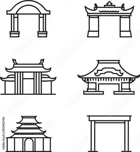 Set Six Asian Architectural Gate Temple Zen Spiritual Vector Illustration Design