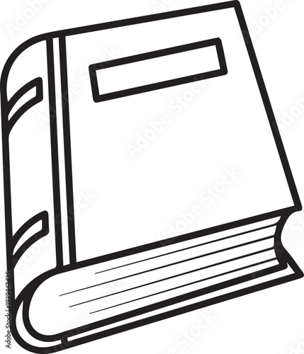 A simple black and white outline drawing of a closed hardcover book rests on a plain surface.