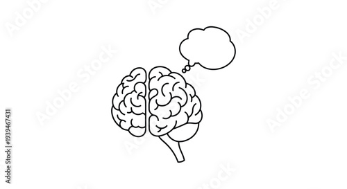 Minimalist line drawing brain with speech bubble isolated on white background