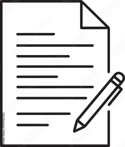 A simple black and white icon depicts a document with ruled lines next to a writing pen ready for signature.