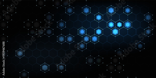 Futuristic abstract blue background featuring glowing hexagonal grid pattern and connected dots. Digital technology concept with geometric honeycomb structure