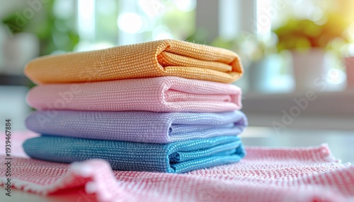 Neatly folded stack of vibrant microfiber cloths for household cleaning