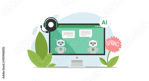 Flat design illustration of a laptop with a green screen displaying chatbots, surrounded by leaves and a flower on a white background.
