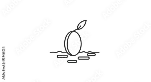 Minimalist line art apple logo symbol with leaf isolated on white background