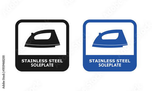 Premium stainless steel soleplate icon set featuring a steam iron silhouette on a serrated seal badge, ideal for electric iron features, laundry care, and product quality labeling.
