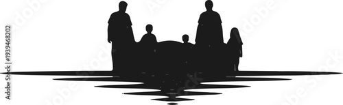 Silhouettes of a family gathered around a table, reflected