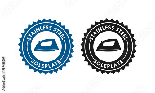 Premium stainless steel soleplate icon set featuring a steam iron silhouette on a serrated seal badge, ideal for electric iron features, laundry care, and product quality labeling.