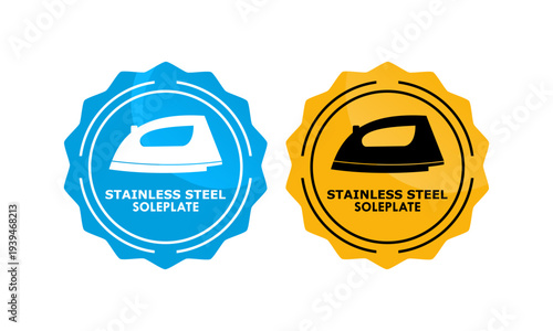 Premium stainless steel soleplate icon set featuring a steam iron silhouette on a serrated seal badge, ideal for electric iron features, laundry care, and product quality labeling.