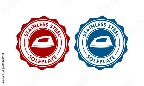 Premium stainless steel soleplate icon set featuring a steam iron silhouette on a serrated seal badge, ideal for electric iron features, laundry care, and product quality labeling.