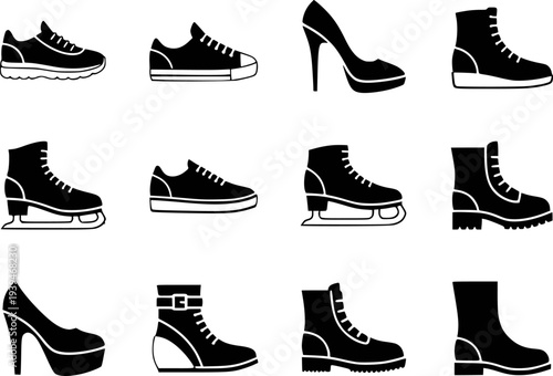 Collection of black shoe including sneakers heels ice skates and boots white background