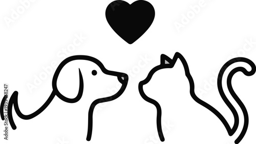 Simple black line art of a dog and cat looking at each other with a heart above