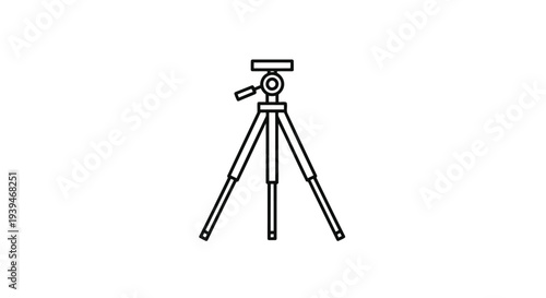 Minimalist black line drawing of a tripod with camera mount isolated on white background