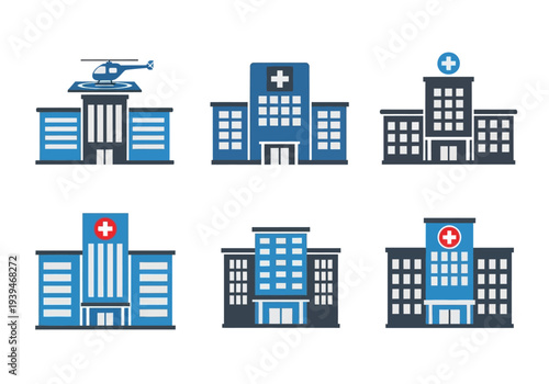 Collection of blue and white flat hospital building with medical symbols and helicopter