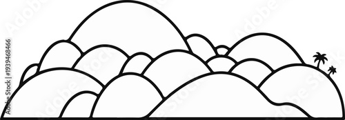Stylized black and white drawing of rolling hills with palm trees on the right