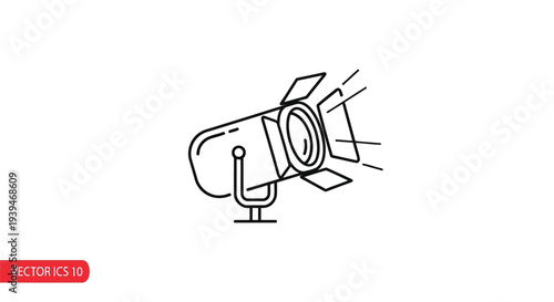 Line art studio spotlight with reflector on stand flat vector design isolated on white background