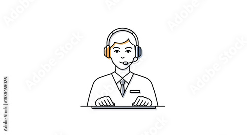 Smiling customer support agent wearing headset sitting at desk in flat design isolated on white background