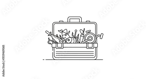 Line drawing of tools in an open briefcase on a isolated on white background